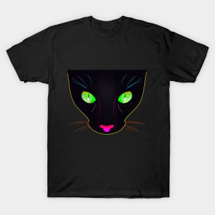 Black Cat with Green Fluorescent Eyes - Illustration T-Shirt